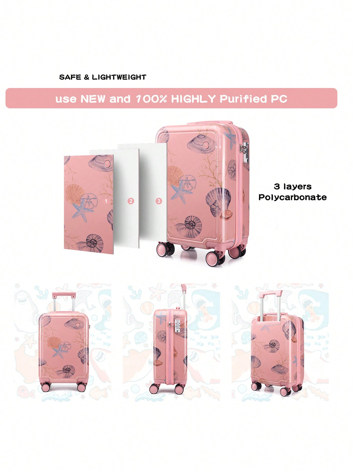 4 Piece Kid's Luggage With Backpack Set For Boys Girls Spinner 18" Hardside PC Rolling Carry On Suitcase With TSA Lock