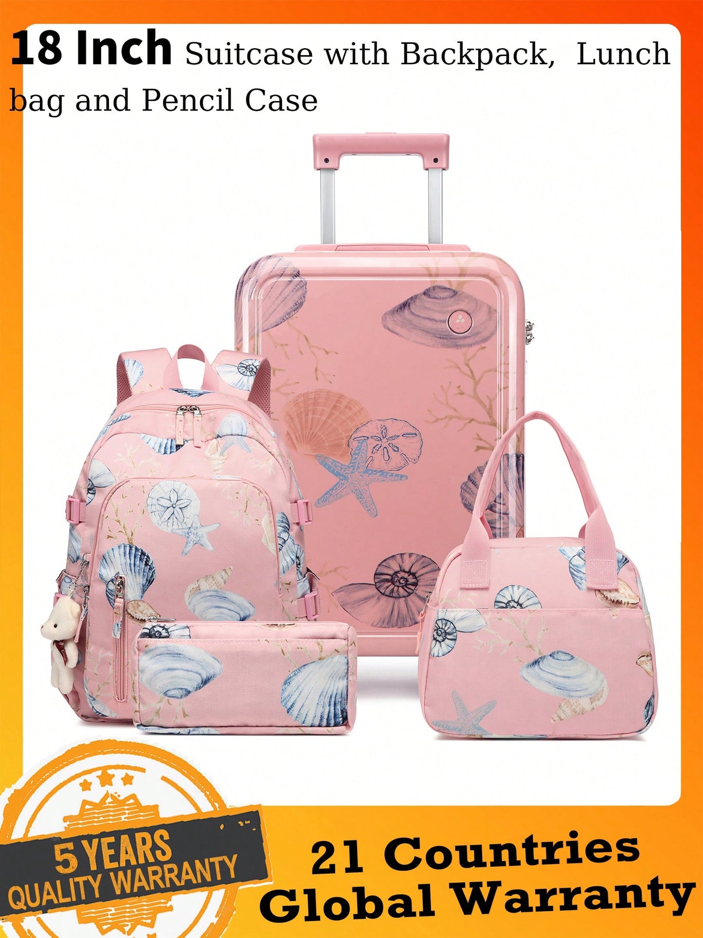 4 Piece Kid's Luggage With Backpack Set For Boys Girls Spinner 18" Hardside PC Rolling Carry On Suitcase With TSA Lock