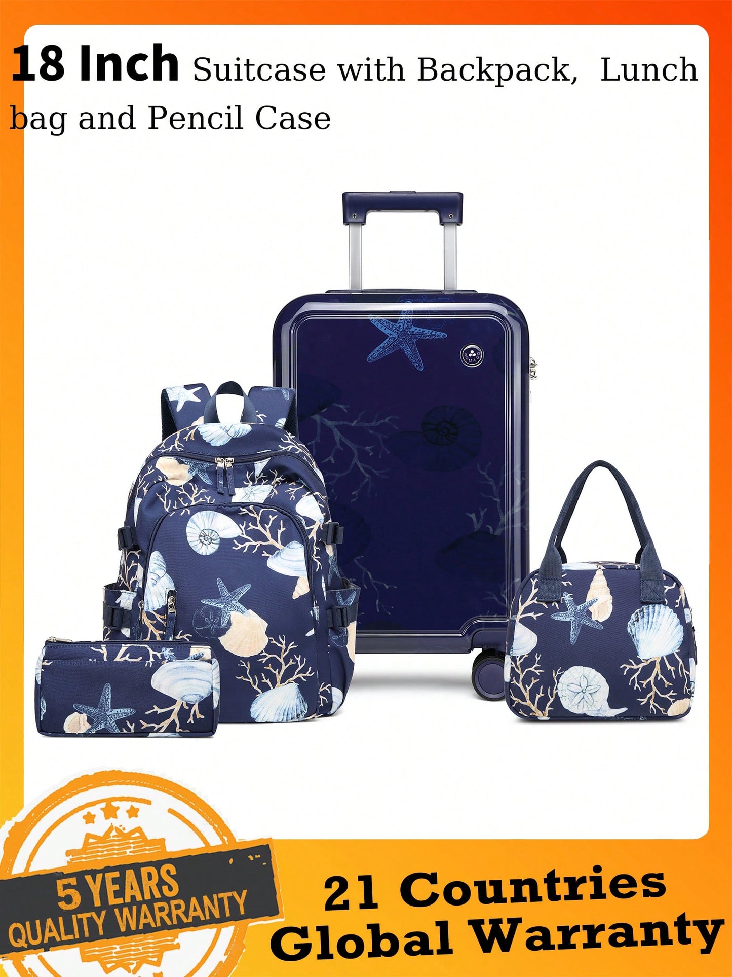 4 Piece Kid's Luggage With Backpack Set For Boys Girls Spinner 18" Hardside PC Rolling Carry On Suitcase With TSA Lock