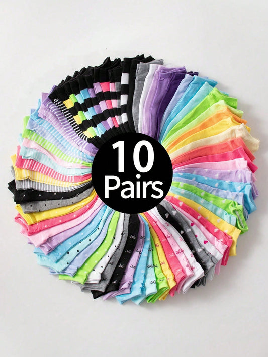 10 Pairs Candy-Colored Patterned Short Socks For Children With Hearts And Stripes, Soft And Comfortable Casual And Versatile, Suitable For Daily Life Or Outfit Matching, Random Colors
