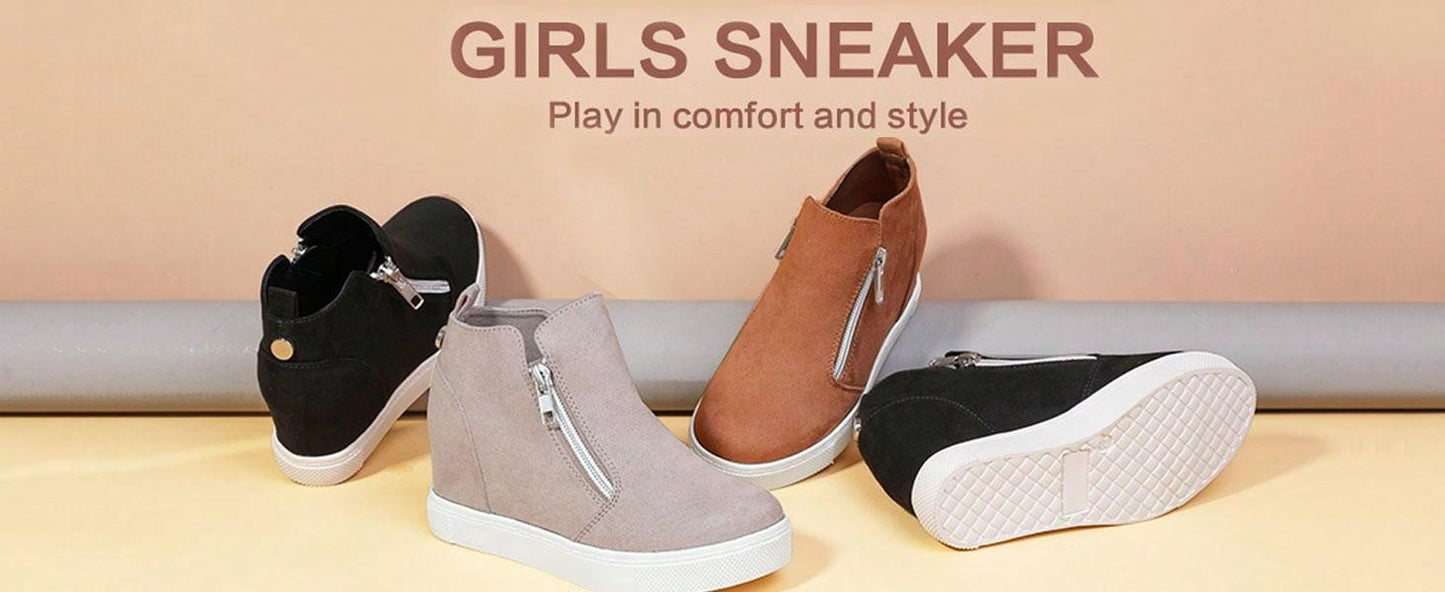 Festooning Girls Platform Wedges High Top Sneakers For Girl Nonslip Fashion Shoes With Double Side Zippers