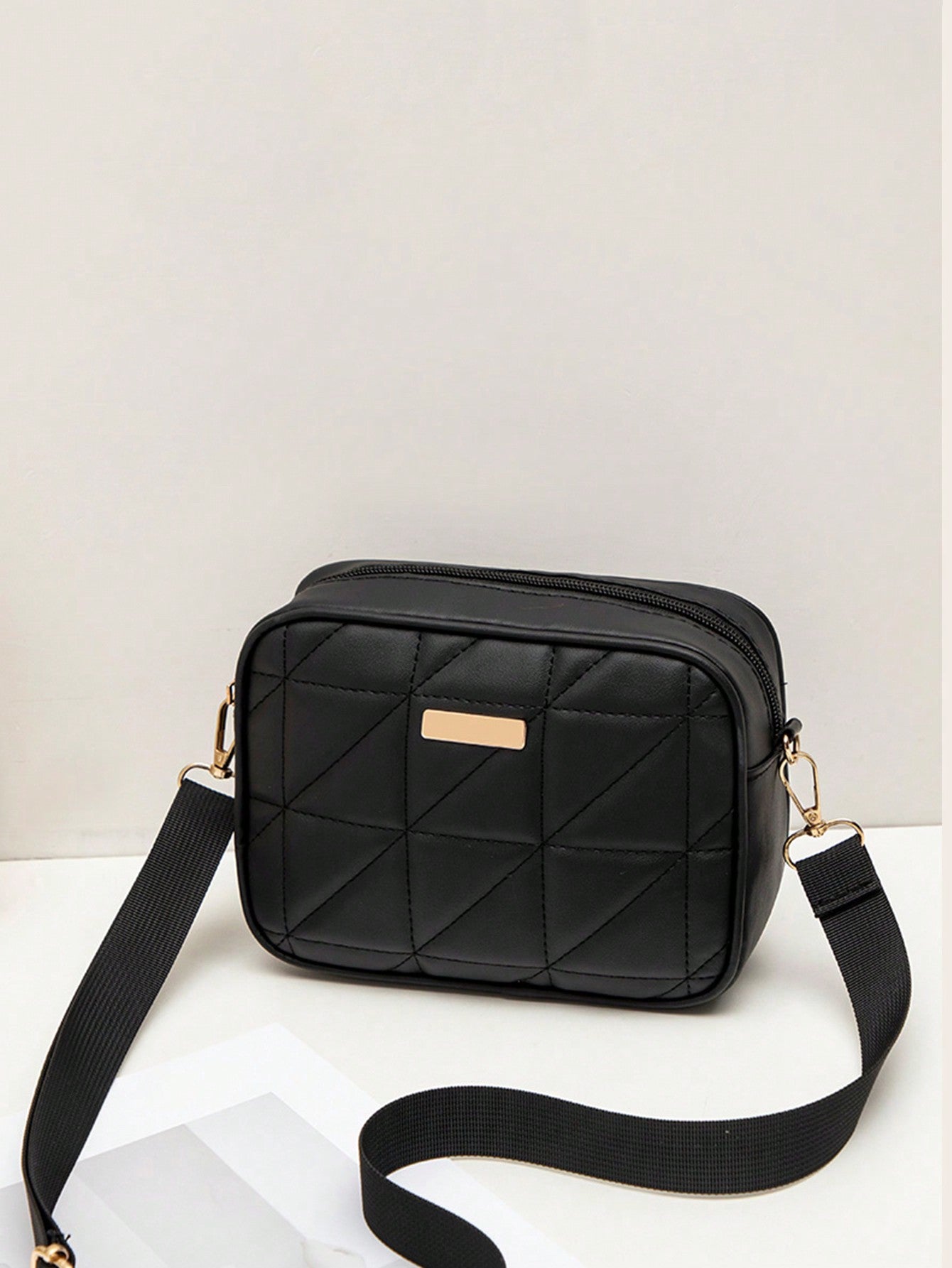 Quilted Square Crossbody Bag, Classic Metal Decor Zipper Purse, Women's Faux Leather Shoulder Bag