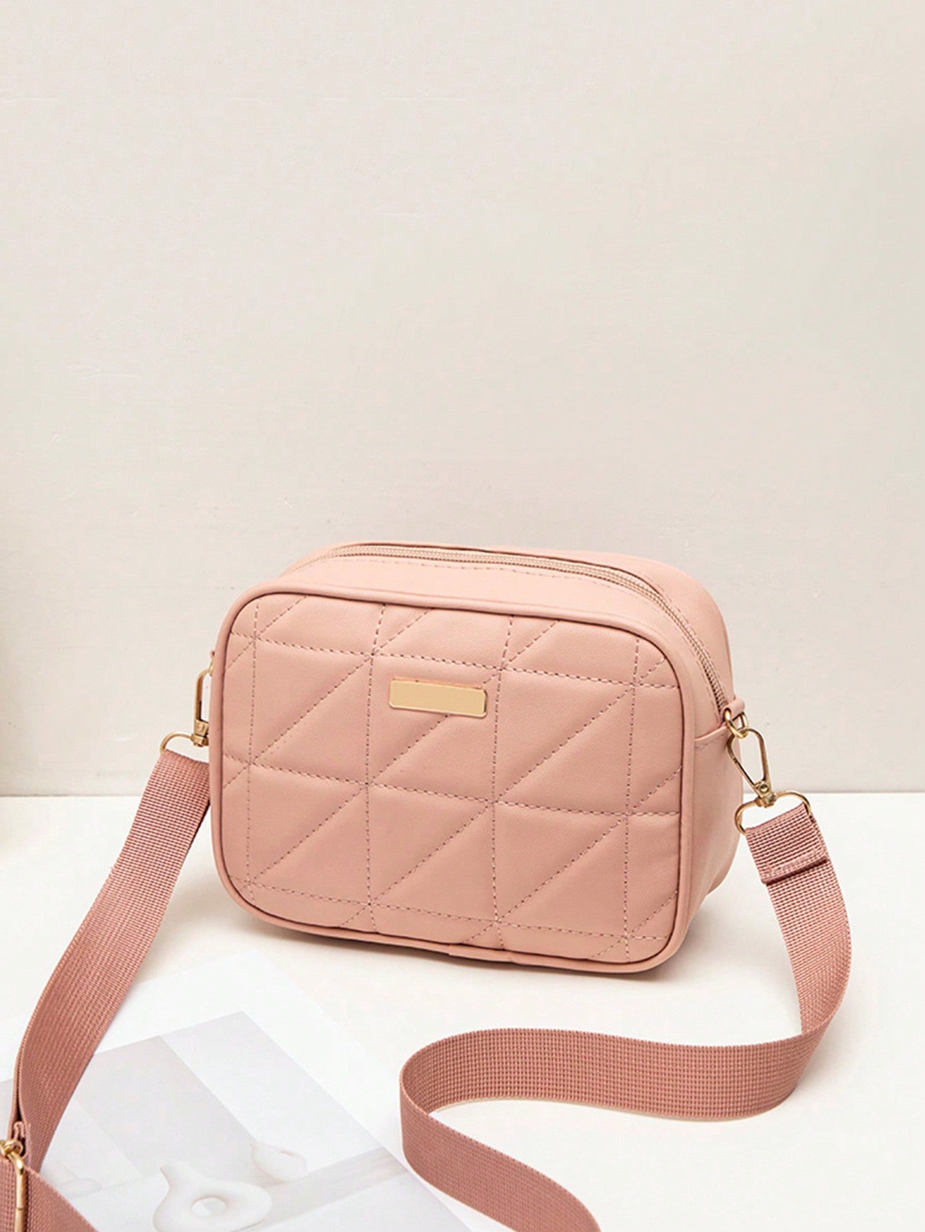 Quilted Square Crossbody Bag, Classic Metal Decor Zipper Purse, Women's Faux Leather Shoulder Bag