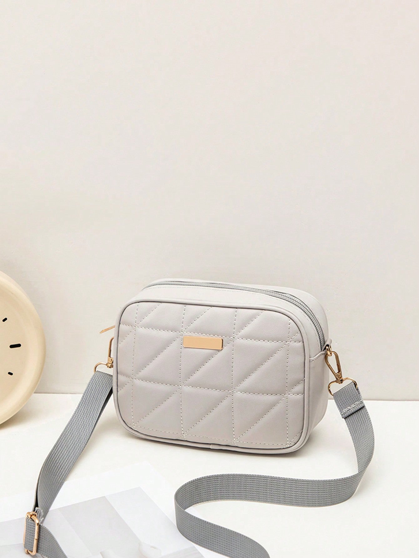 Quilted Square Crossbody Bag, Classic Metal Decor Zipper Purse, Women's Faux Leather Shoulder Bag