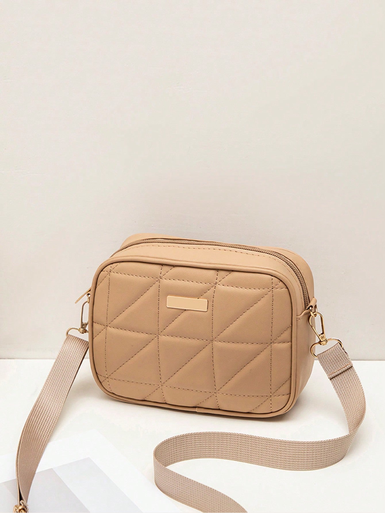 Quilted Square Crossbody Bag, Classic Metal Decor Zipper Purse, Women's Faux Leather Shoulder Bag