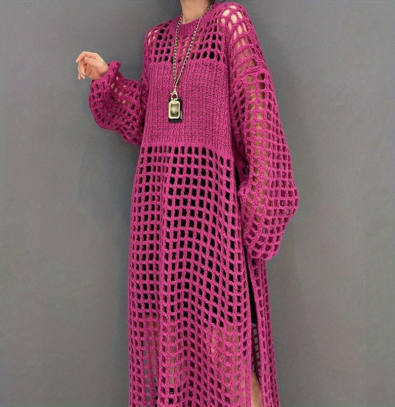 Crochet Split Thigh Dress, Casual Solid Long Sleeve Maxi Dress, Women's Clothing