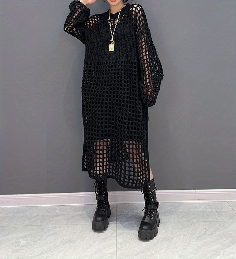 Crochet Split Thigh Dress, Casual Solid Long Sleeve Maxi Dress, Women's Clothing