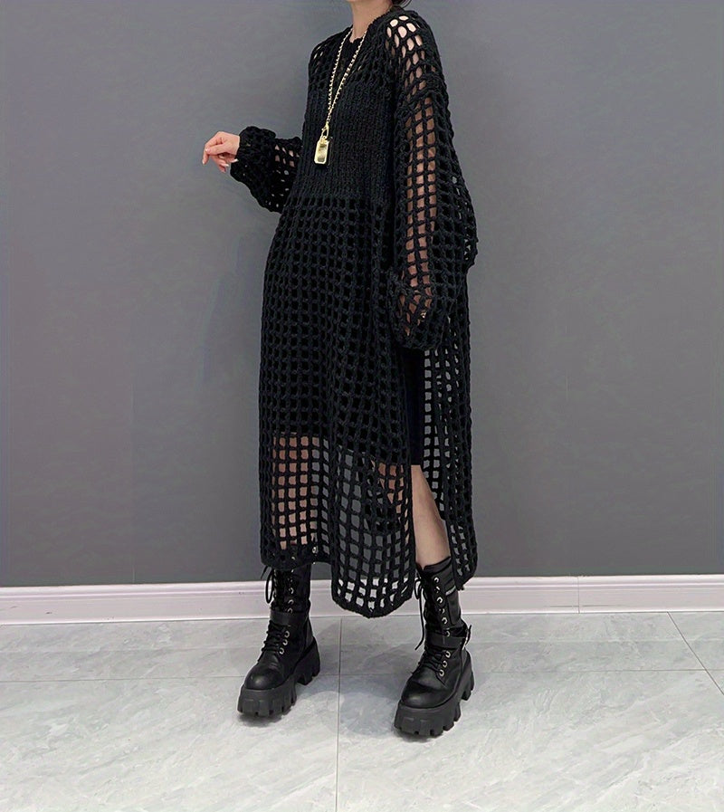 Crochet Split Thigh Dress, Casual Solid Long Sleeve Maxi Dress, Women's Clothing