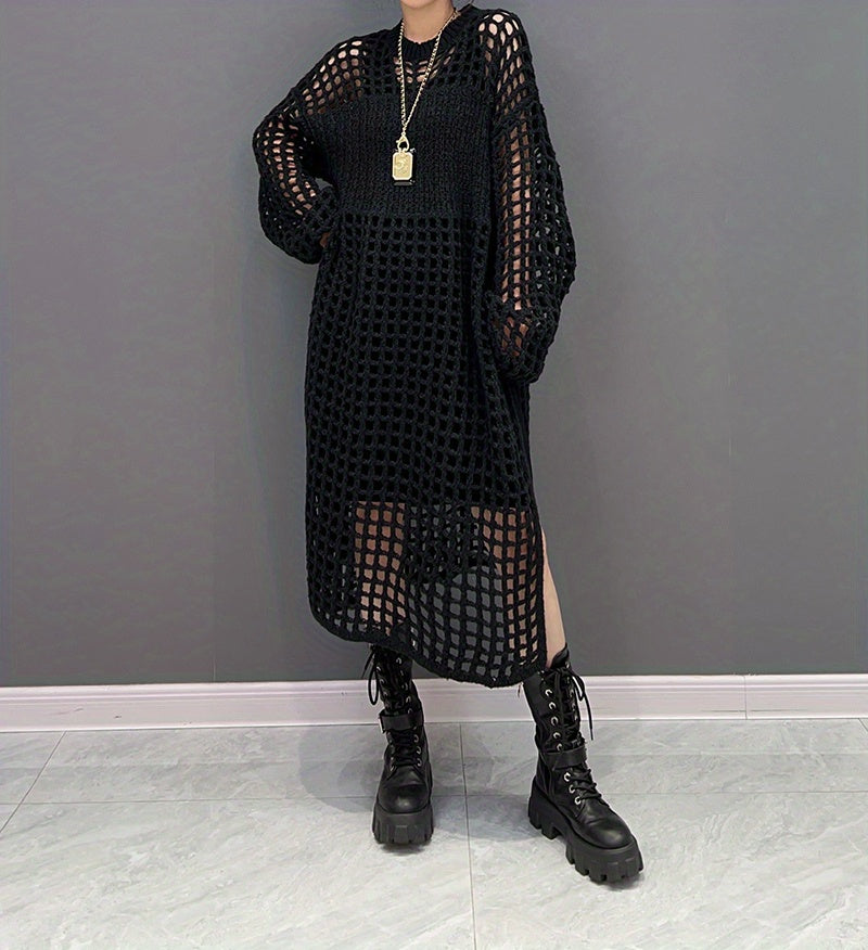 Crochet Split Thigh Dress, Casual Solid Long Sleeve Maxi Dress, Women's Clothing