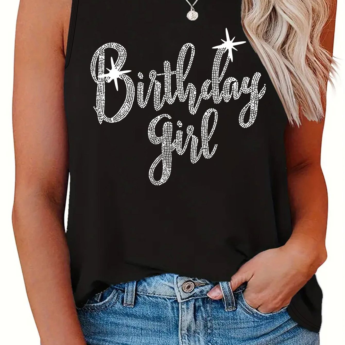 Plus Size Birthday Print Tank Top, Casual Crew Neck Sleeveless Tank Top For Summer, Women's Plus Size Clothing
