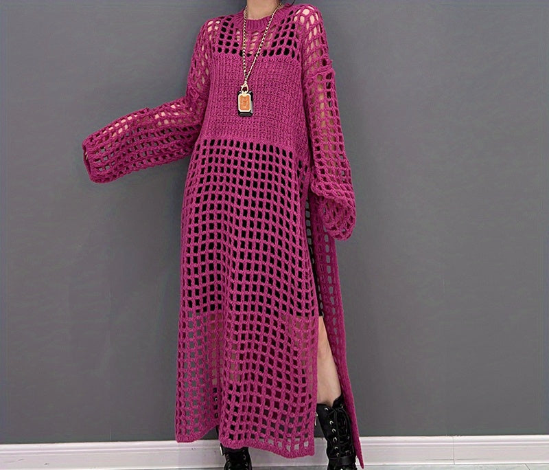 Crochet Split Thigh Dress, Casual Solid Long Sleeve Maxi Dress, Women's Clothing