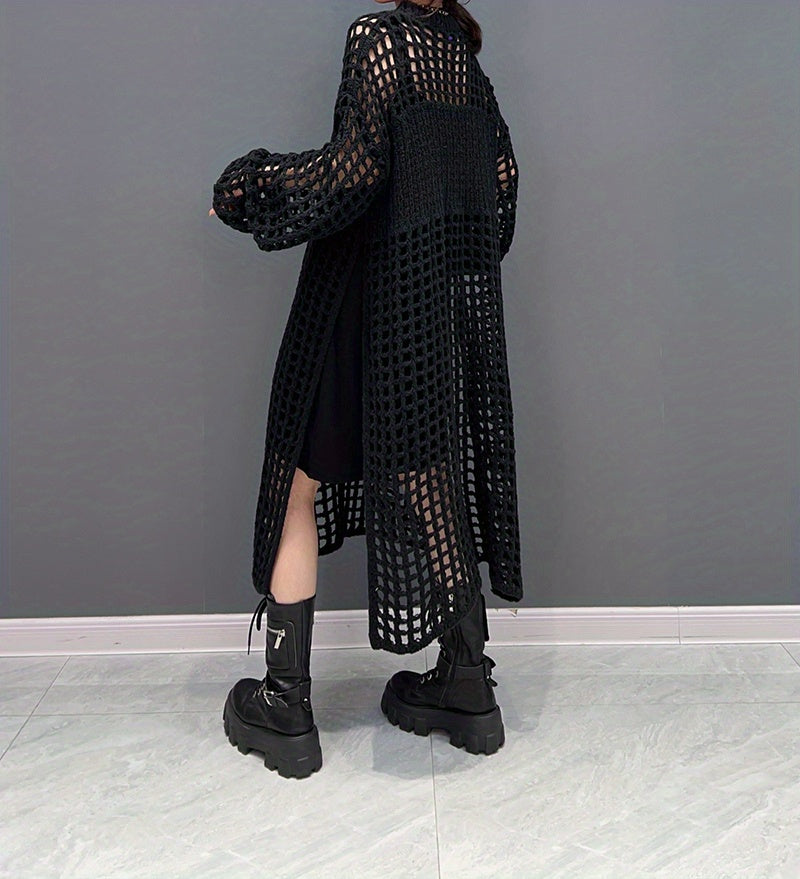 Crochet Split Thigh Dress, Casual Solid Long Sleeve Maxi Dress, Women's Clothing