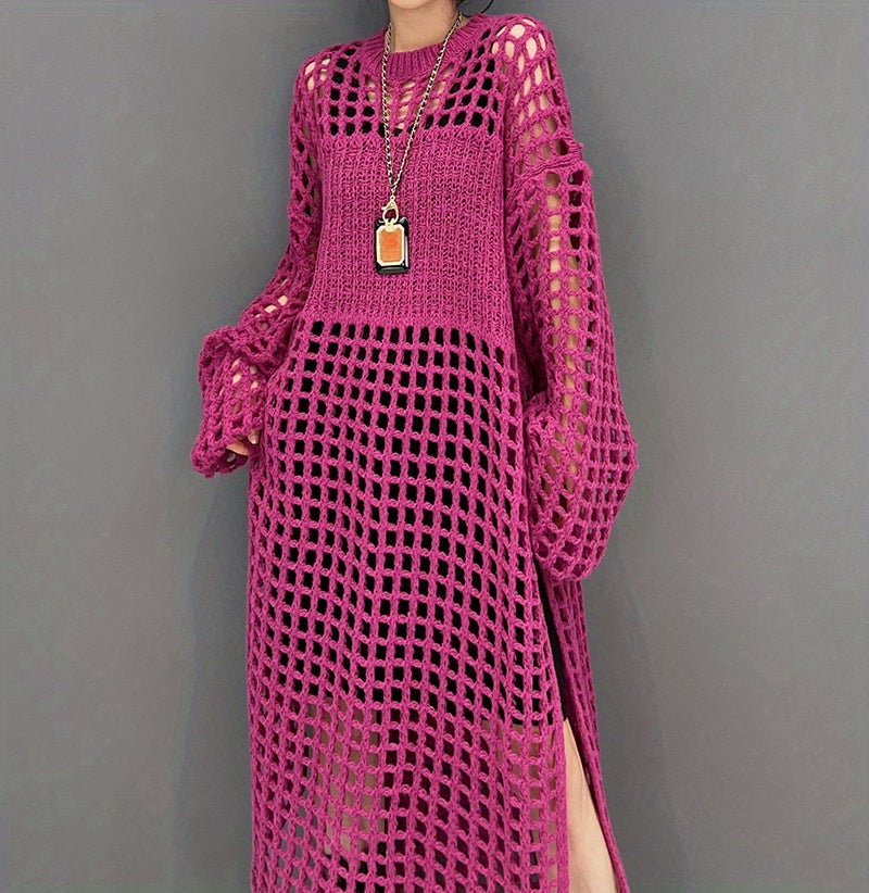 Crochet Split Thigh Dress, Casual Solid Long Sleeve Maxi Dress, Women's Clothing