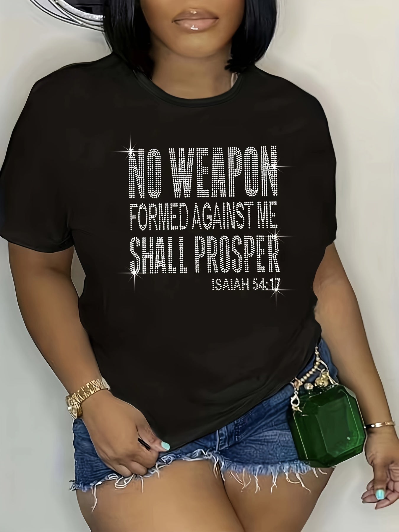 Plus Size Letter Rhinestone T-Shirt, Casual Crew Neck Short Sleeve T-Shirt, Women's Plus Size Clothing