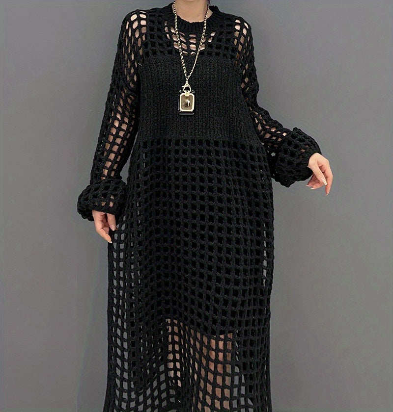Crochet Split Thigh Dress, Casual Solid Long Sleeve Maxi Dress, Women's Clothing