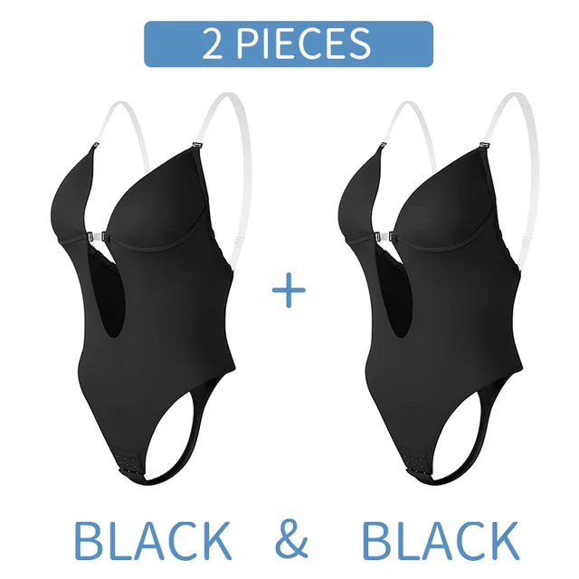 Bodysuit Shapewear Deep V-Neck Body Shaper Backless U Plunge Thong Shapers Waist Trainer Women Clear Strap Padded Push Up Corset