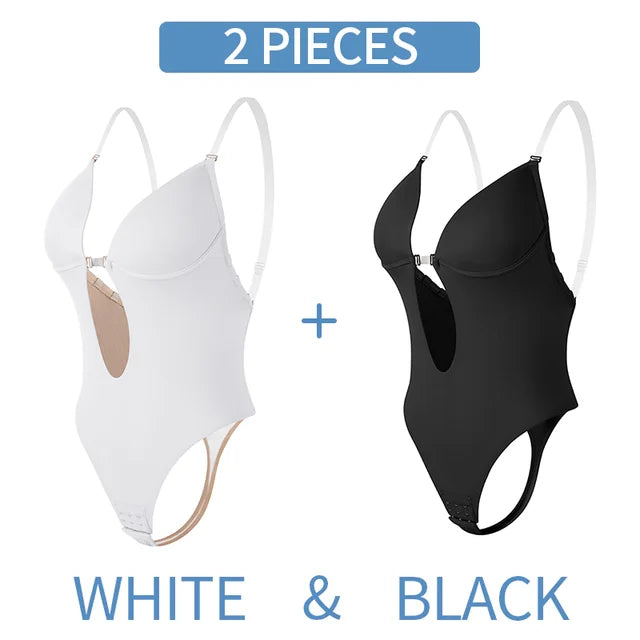 Bodysuit Shapewear Deep V-Neck Body Shaper Backless U Plunge Thong Shapers Waist Trainer Women Clear Strap Padded Push Up Corset