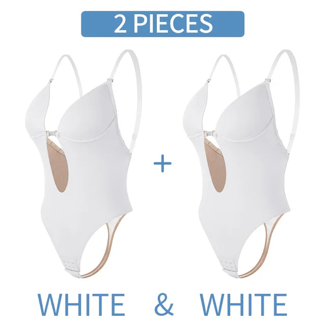 Bodysuit Shapewear Deep V-Neck Body Shaper Backless U Plunge Thong Shapers Waist Trainer Women Clear Strap Padded Push Up Corset