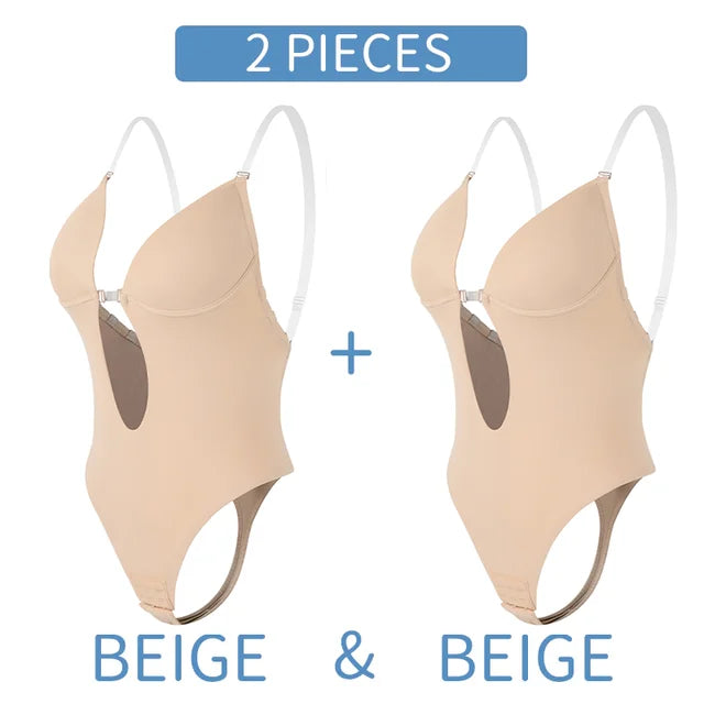 Bodysuit Shapewear Deep V-Neck Body Shaper Backless U Plunge Thong Shapers Waist Trainer Women Clear Strap Padded Push Up Corset