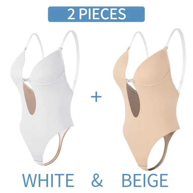 Bodysuit Shapewear Deep V-Neck Body Shaper Backless U Plunge Thong Shapers Waist Trainer Women Clear Strap Padded Push Up Corset