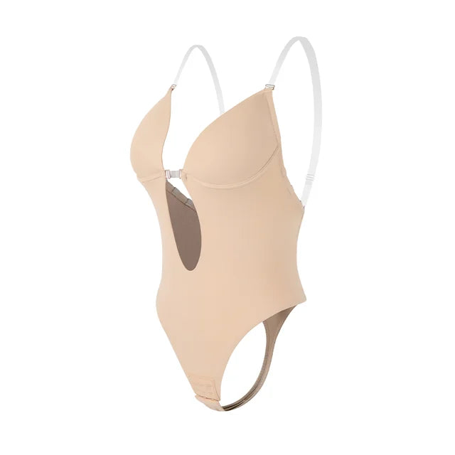 Bodysuit Shapewear Deep V-Neck Body Shaper Backless U Plunge Thong Shapers Waist Trainer Women Clear Strap Padded Push Up Corset