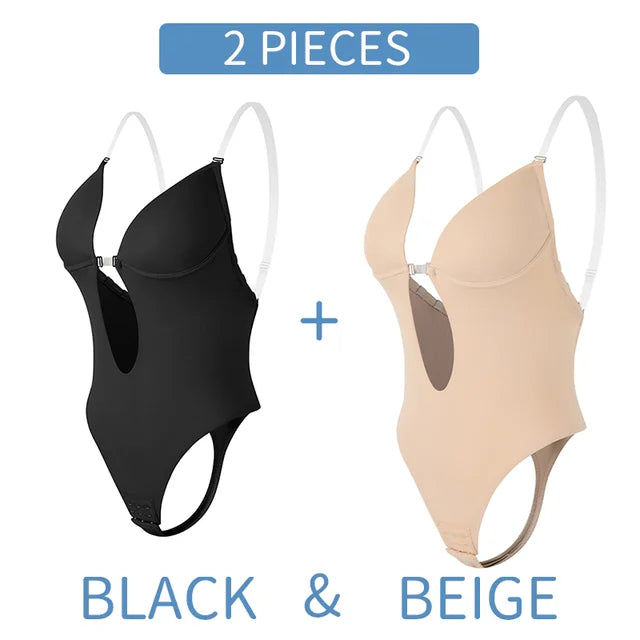 Bodysuit Shapewear Deep V-Neck Body Shaper Backless U Plunge Thong Shapers Waist Trainer Women Clear Strap Padded Push Up Corset