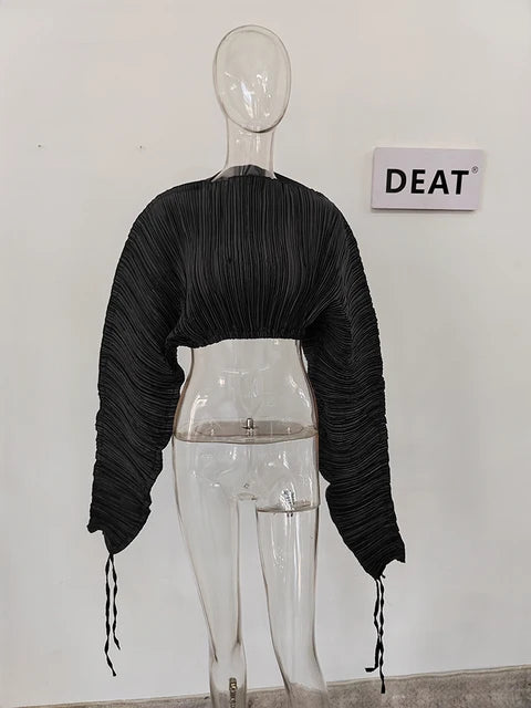 DEAT Fashion Women T-shirt Round Neck Loose Pleated Long Sleeve Expose The Navel Solid Color Tops Female Spring 2024 New 17A6203