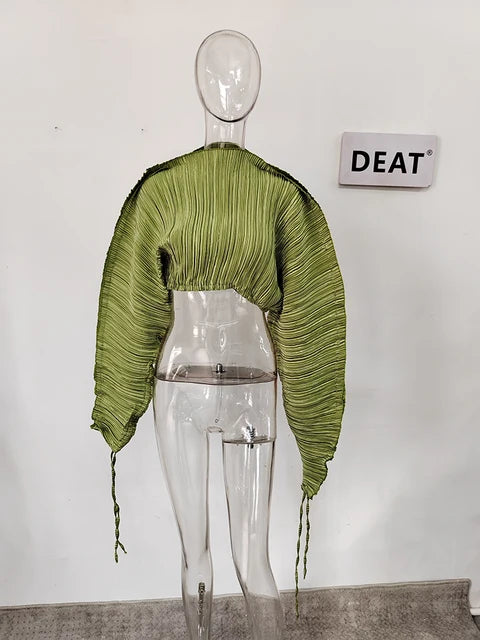 DEAT Fashion Women T-shirt Round Neck Loose Pleated Long Sleeve Expose The Navel Solid Color Tops Female Spring 2024 New 17A6203