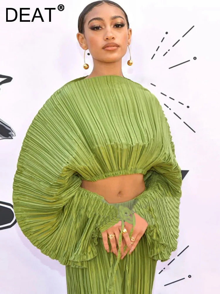 DEAT Fashion Women T-shirt Round Neck Loose Pleated Long Sleeve Expose The Navel Solid Color Tops Female Spring 2024 New 17A6203