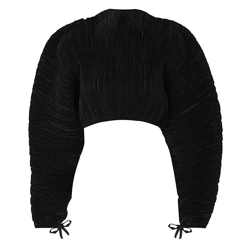 DEAT Fashion Women T-shirt Round Neck Loose Pleated Long Sleeve Expose The Navel Solid Color Tops Female Spring 2024 New 17A6203