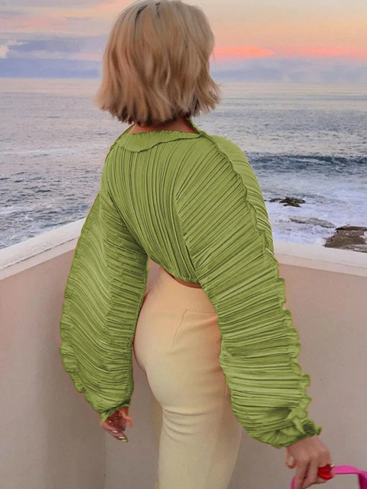 DEAT Fashion Women T-shirt Round Neck Loose Pleated Long Sleeve Expose The Navel Solid Color Tops Female Spring 2024 New 17A6203