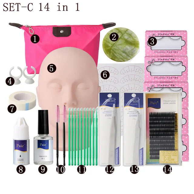 False Eyelash Extension Training Kit Exercise Practice Mannequin Head Set Grafting Eyelash Tools Kit Eye Lashes Grafting