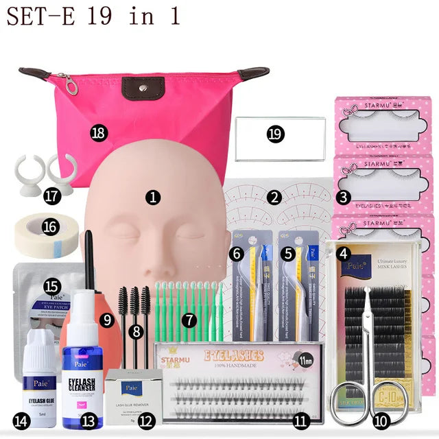 False Eyelash Extension Training Kit Exercise Practice Mannequin Head Set Grafting Eyelash Tools Kit Eye Lashes Grafting