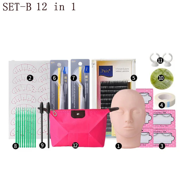 False Eyelash Extension Training Kit Exercise Practice Mannequin Head Set Grafting Eyelash Tools Kit Eye Lashes Grafting