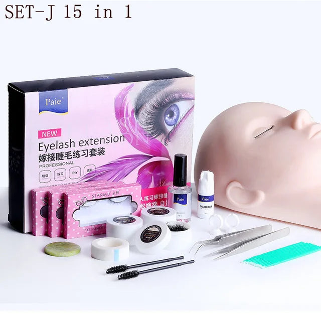 False Eyelash Extension Training Kit Exercise Practice Mannequin Head Set Grafting Eyelash Tools Kit Eye Lashes Grafting