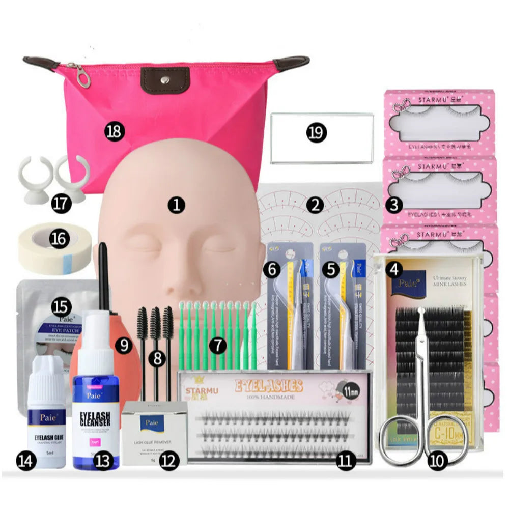 False Eyelash Extension Training Kit Exercise Practice Mannequin Head Set Grafting Eyelash Tools Kit Eye Lashes Grafting