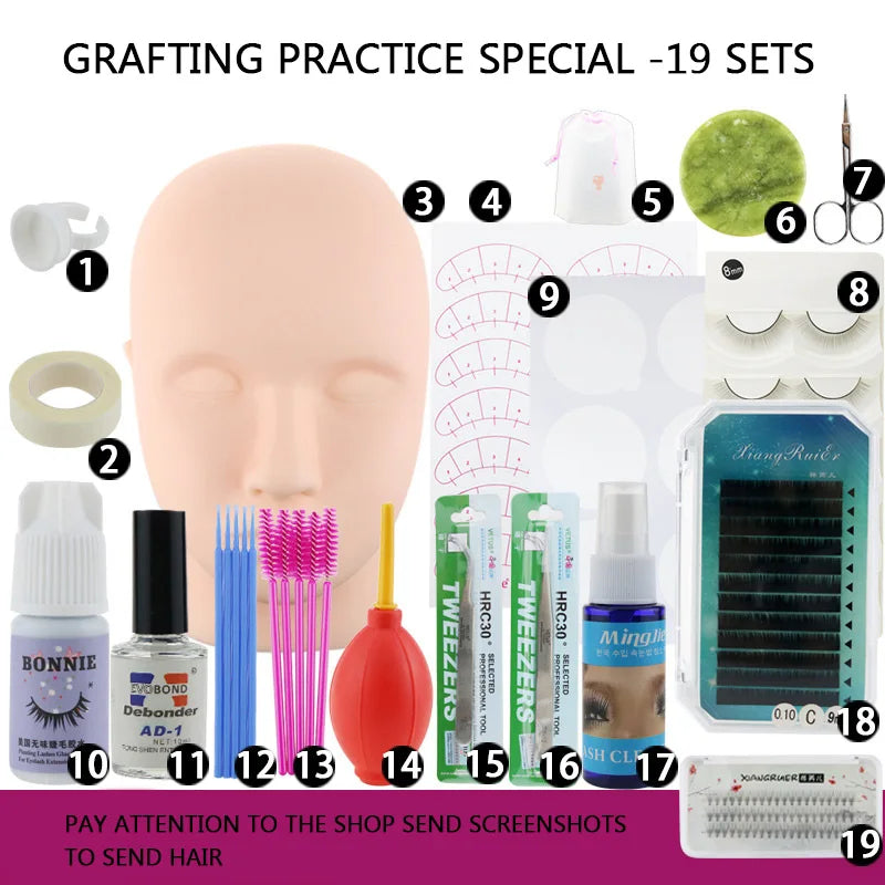 False Eyelash Extension Training Kit Exercise Practice Mannequin Head Set Grafting Eyelash Tools Kit Eye Lashes Grafting