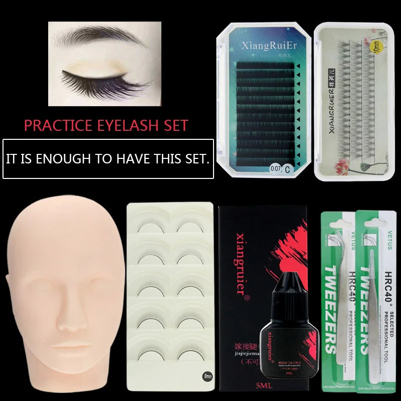 False Eyelash Extension Training Kit Exercise Practice Mannequin Head Set Grafting Eyelash Tools Kit Eye Lashes Grafting