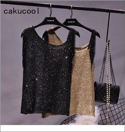 Cakucool Women Summer Tanks Top Sequined Bling Knit Sleeveless Shirt Tassels Sexy Asymmetric Neck Club Casual Camisole Female