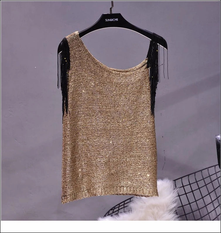 Cakucool Women Summer Tanks Top Sequined Bling Knit Sleeveless Shirt Tassels Sexy Asymmetric Neck Club Casual Camisole Female