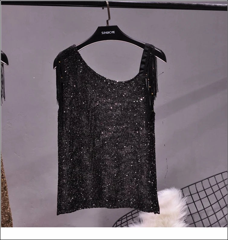 Cakucool Women Summer Tanks Top Sequined Bling Knit Sleeveless Shirt Tassels Sexy Asymmetric Neck Club Casual Camisole Female