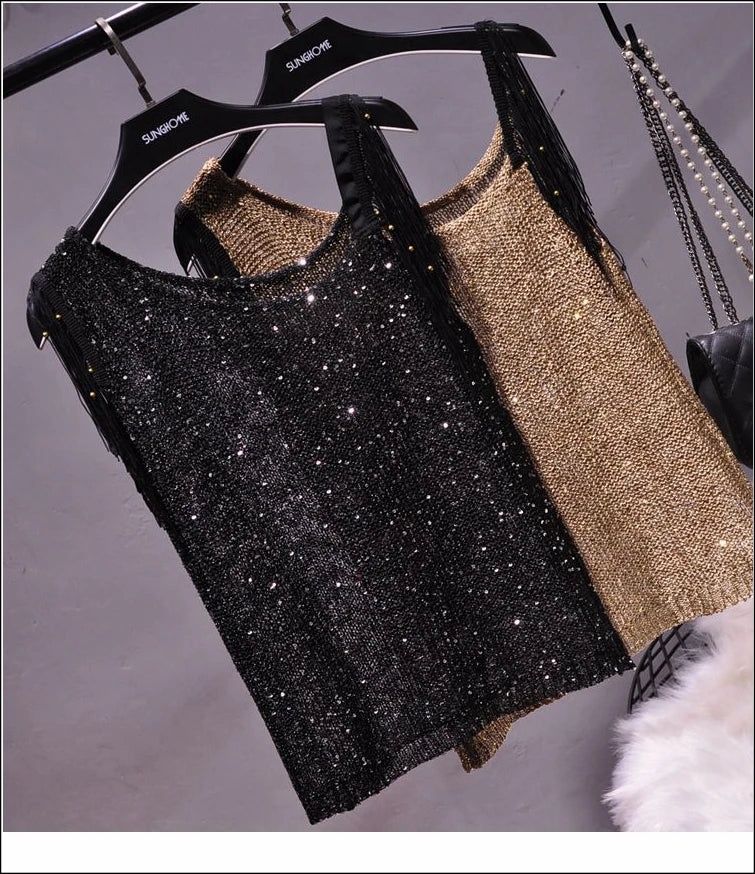 Cakucool Women Summer Tanks Top Sequined Bling Knit Sleeveless Shirt Tassels Sexy Asymmetric Neck Club Casual Camisole Female
