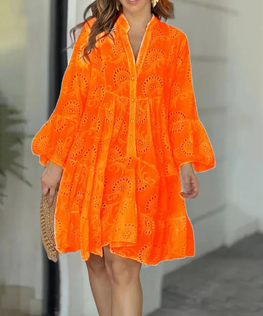 Hollow Out Dresses for Women Summer Autumn Elegant Vintage Solid Lace Dress V-neck Loose Embroidery Vestidos Beach Mini Dresses