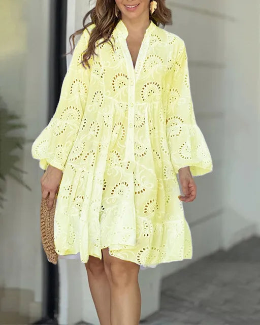 Hollow Out Dresses for Women Summer Autumn Elegant Vintage Solid Lace Dress V-neck Loose Embroidery Vestidos Beach Mini Dresses