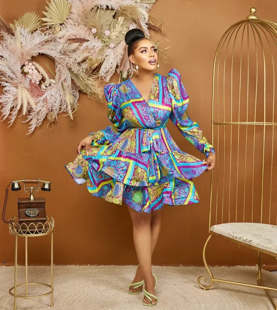 Puff Sleeve Birthday Party Short Prom Ruffle Print Dress With Belts V Neck Night Club Evening Gowns For Women Sexy Mini Dresses