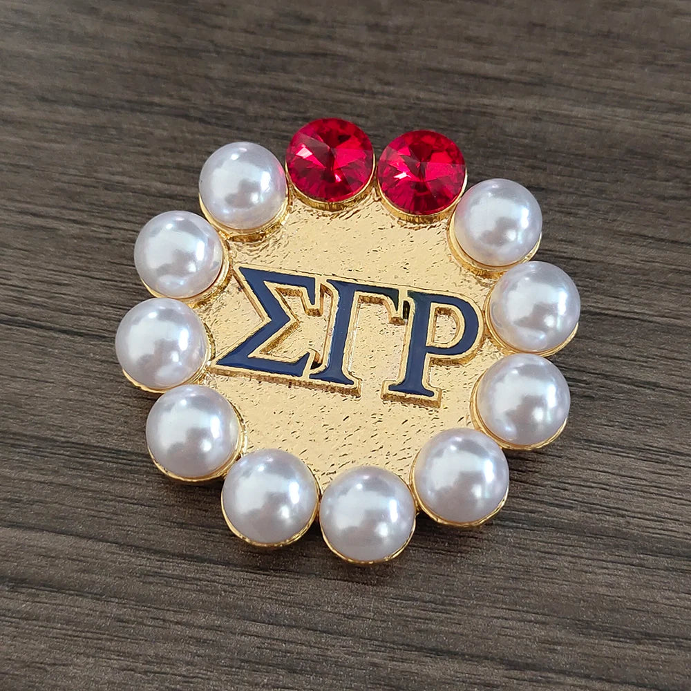 Metal Inlaid Red Crystal White Pearl SGR Association Organizational Symbol Women's Jewelry Round brooch