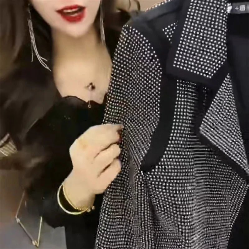 Spring New Beading Short Suit Jacket Top Luxury Party Club Women Coats Female Temperament Long Sleeve Bling Blazer Outwears Q886
