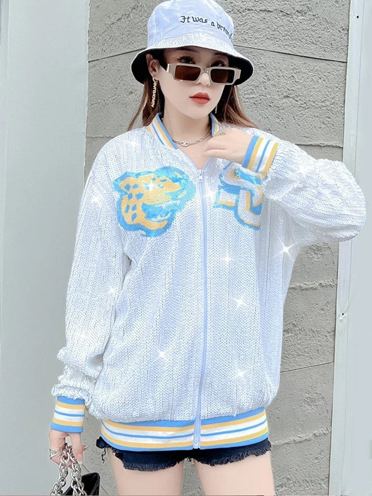 Korean Women Loose Cartoon Sequins Coats Spring Fall Female Casual Hip Hop Baseball Jacket Tops All-matched Outerwear Streetwear