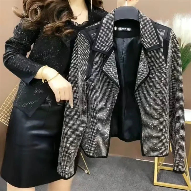 Spring New Beading Short Suit Jacket Top Luxury Party Club Women Coats Female Temperament Long Sleeve Bling Blazer Outwears Q886