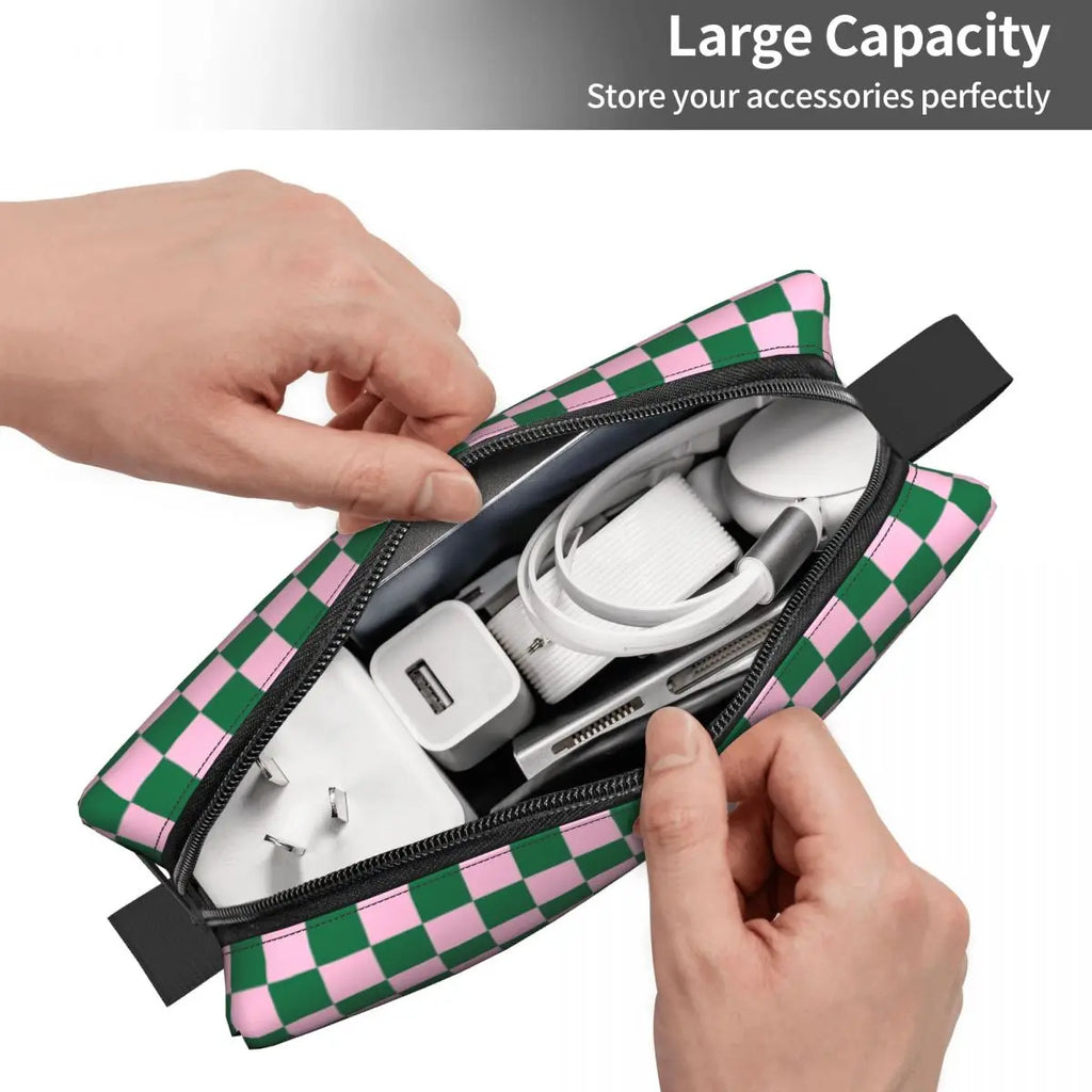 Cotton Candy Pink And Cadmium Green Checkerboard Toiletry Bag Plaid Makeup Cosmetic Organizer Lady Beauty Storage Dopp Kit Box